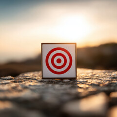 Red target symbol on wooden block at sunset evoking focus and determination