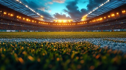 Empty soccer stadium with bright lights and dramatic sky at dusk football stadium sports arena