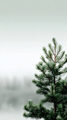 Young evergreen pine branch with soft misty lake background conveying calm and serene mood
