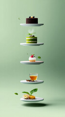 Chocolate cake green layer cake mini tart cup of tea glazed pastry floating dessert composition