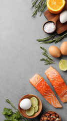 Fresh salmon fillet with eggs lime rosemary and sea salt on gray countertop evoking healthy cooking mood