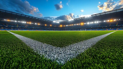 Empty soccer stadium with bright lights and green grass field at dusk football field