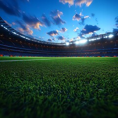 Empty soccer stadium with bright lights and green grass at dusk football stadium sports arena