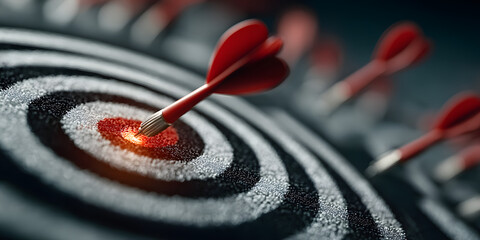 Close-up of a red dart hitting the bullseye on a dartboard, symbolizing focus, precision, and business success with dramatic lighting and shallow depth of field.
