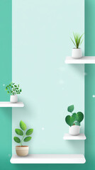 Minimalist interior shelf display with green potted plants and soft teal background, fresh peaceful mood
