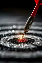 Close-up of a red dart hitting the bullseye on a dartboard, symbolizing focus, precision, and business success with dramatic lighting and shallow depth of field.
