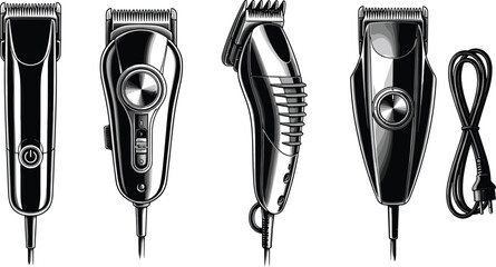 Professional electric hair clipper set, corded grooming trimmer, front side angle views, barber haircut machine, salon styling tool, isolated white background