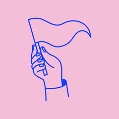 Vector simple linear illustration, hand holding flag, doodle sketchy concept for business competition