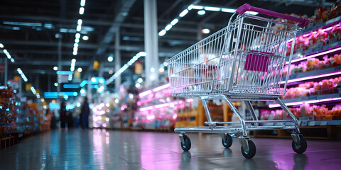 Empty shopping cart in a brightly lit supermarket aisle with colorful product shelves and glowing lights, symbolizing retail, commerce, and consumerism.
