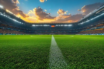 Empty soccer stadium with green field and cloudy sunset sky football stadium empty stadium