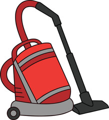 Red vacuum cleaner illustration, household cleaning equipment, modern canister vacuum, home appliance design, floor cleaning concept, isolated vector style, minimal background