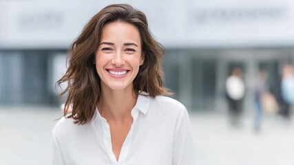 Radiant Confidence: A portrait of a woman exudes genuine happiness, her confident smile reflecting a sense of contentment and self-assurance. 