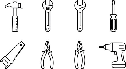 Line art vector set of 6 tool icons hammer wrench screwdriver saw pliers and drill