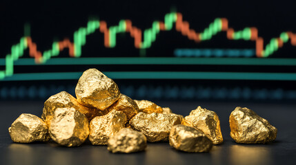 Golden Nuggets - The image showcases a collection of gold nuggets in the foreground, with a financial chart visible in the background. It represents wealth and investment concepts.