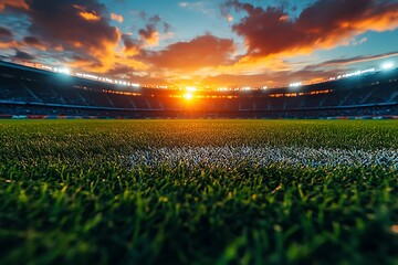 Football stadium field with sunset and stadium lights soccer field green grass