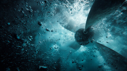 The ship's propeller rotates underwater, the water appears wavy due to the strong thrust of the propeller.