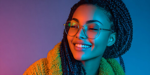 Joyful young woman in round sunglasses and braids smiling brightly under vivid red and blue neon lights, radiating confidence and modern style.

