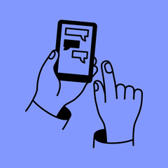 Vector simple linear illustration, hands holding phone with chat messages, support and feedback concept, doodle line illustrations
