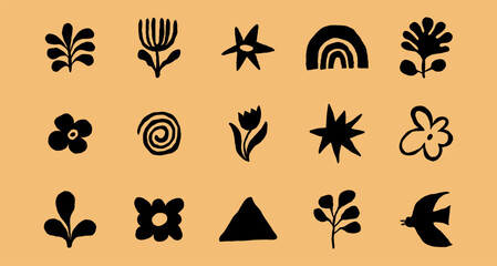 Vector hand drawn rough ink mystical symbols, sacred boho signs, design elements for branding and packaging, abstract shapes and glyphs