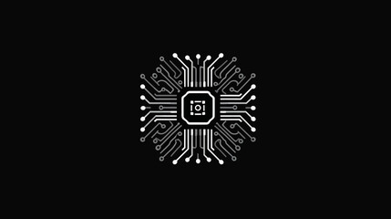 Fototapeta premium Stylized Microchip Circuit Board Illustration on Black Background. Digital Processor Unit with Glowing Lines, AI Technology Concept.