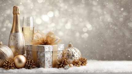 Golden Champagne, Gift Box, and Christmas Ornaments on Snowy Background with Bokeh Lights
