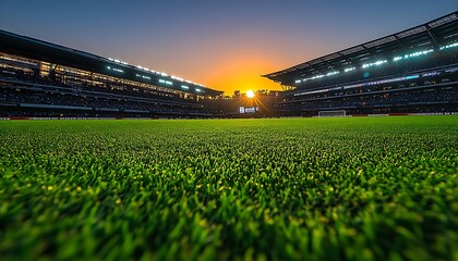 Green soccer field stadium with bright sunset and stadium lights soccer stadium football stadium