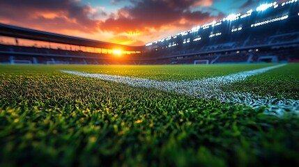 Green soccer field with stadium lights and sunset sky football field sports