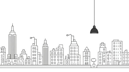Detailed line art cityscape illustration with modern buildings and an illuminated hanging lamp, ideal for urban concepts and inspiration.