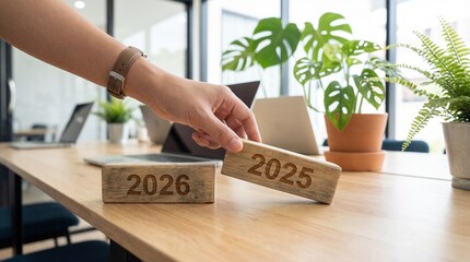 Close-up of hand transitioning wooden blocks from 2025 to 2026 on a modern office table, symbolizing business planning, future goals, and annual change management.