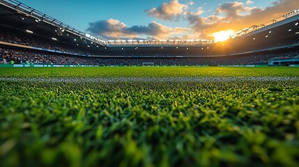 Green soccer field with stadium seating and sunset sky football stadium green grass