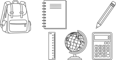 Line art vector set of 6 school items backpack notebook pencil ruler globe and calculator