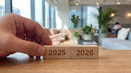 Hand Moving 2025 Wooden Block to 2026 Block in a Modern Office Lounge, Symbolizing Business Planning, Future Transition, Goal Setting, and New Year Strategy.
