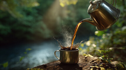 Slow motion of black coffee being poured from a metal pot into a metal cup.