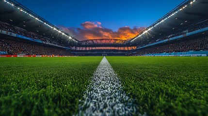 Green soccer field with white line and stadium lights at sunset football stadium green grass