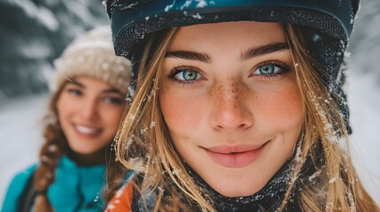 Two young women smiling in snowy outdoor winter setting