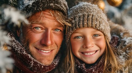 Happy father and daughter smiling together in winter