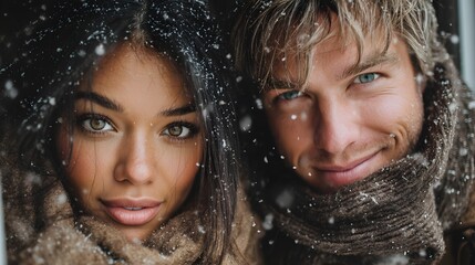 Couple smiling together on a snowy day with scarves