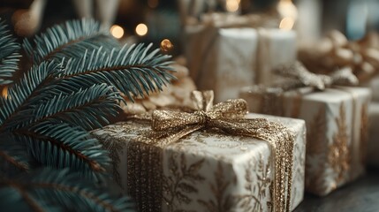 Beautifully wrapped Christmas gifts with gold ribbons and pine tree branch
