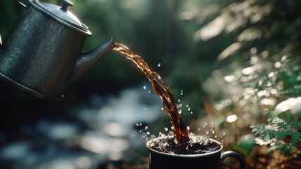 Slow motion of black coffee being poured from a metal pot into a metal cup.