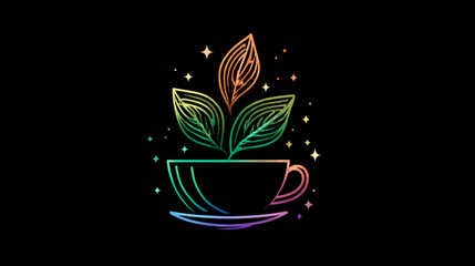 Stylish neon gradient glowing leaves sprouting from a coffee or tea cup, isolated on a sleek black background with shimmering stars.