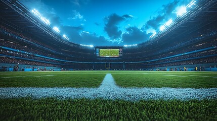 Illuminated American football stadium with green field and packed audience green grass