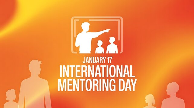 International Mentoring Day Illustration with Mentor and Students Silhouette on Orange Background