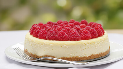 Classic cheesecake with fresh raspberries on top, served on a white plate. Sweet and creamy dessert for special occasions or summer days.
