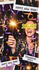 New Year's Eve 2026 Party Photo Collage: Happy Woman in 2026 Novelty Glasses Holding Sparkler, Festive Vintage Retro Aesthetic with Confetti and Hand-Written Notes.