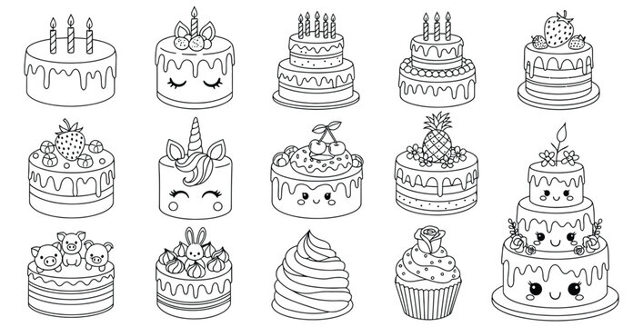 Collection of cute kawaii birthday cake and cupcake coloring page illustrations for kids