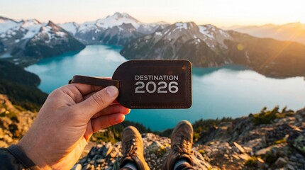 Planning future travel goals: Hand holding "Destination 2026" luggage tag high above a breathtaking glacial lake and snowy mountain peaks at golden hour.