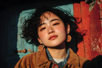 Striking close-up portrait of a young woman with short hair and bold earrings, basking in golden sunlight against a rustic blue and red background with a confident, stylish vibe.
