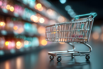 Empty shopping cart in a brightly lit supermarket aisle with colorful product shelves and glowing lights, symbolizing retail, commerce, and consumerism.

