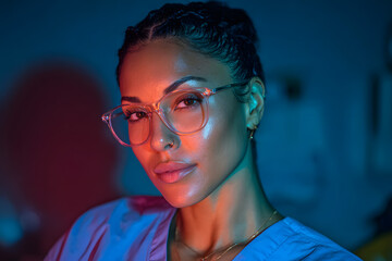 Confident woman wearing glasses and scrubs in dramatic teal lighting, with a serious expression, captured in a cinematic, modern portrait style.
