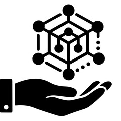 Human hand silhouette holding complex digital data flow network icon